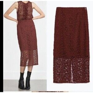 Zara Womens Wine Red Burgandy Lace Overlay Midi Back Slit Skirt L midi boho